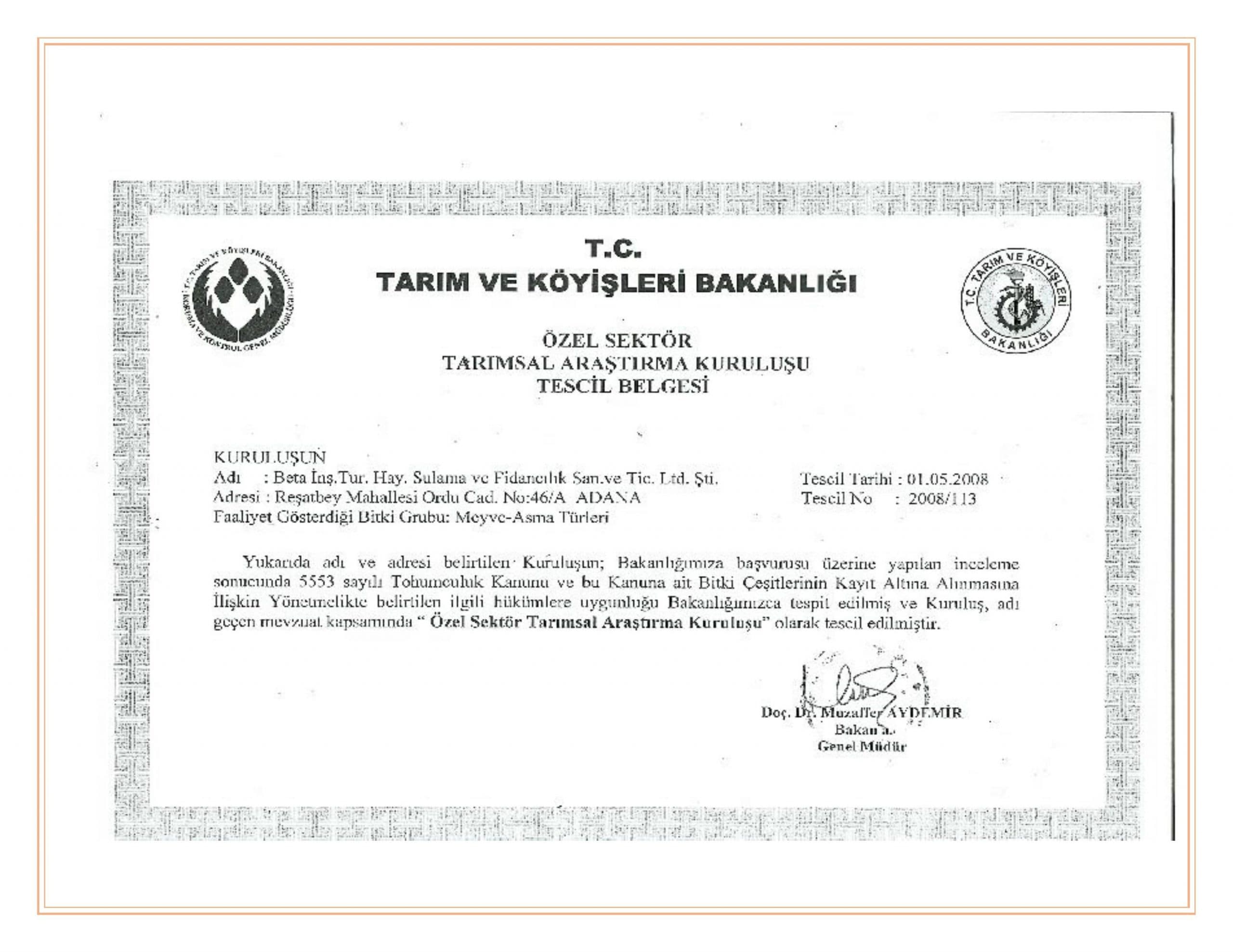 Tarım ve Orman Bakanlığı Onay Belgesi